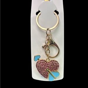 Gold and Pink Heart Keychain/Bag Charm  with Blue Accents